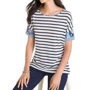 Chico's Linen Knit Top Womens XL Blue White Striped Paisley Short Sleeve Stretch